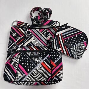 Vera Bradley Zebra Pattern Crossbody Purse & Cosmetic Bag Set Black White Pink
